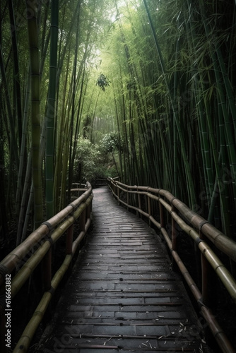 Beautiful and quiet green bamboo forest, atmosphere after rain