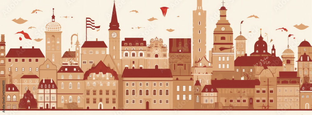 Poland Famous Landmarks Skyline Silhouette Style, Colorful, Cityscape, Travel and Tourist Attraction - Generative AI