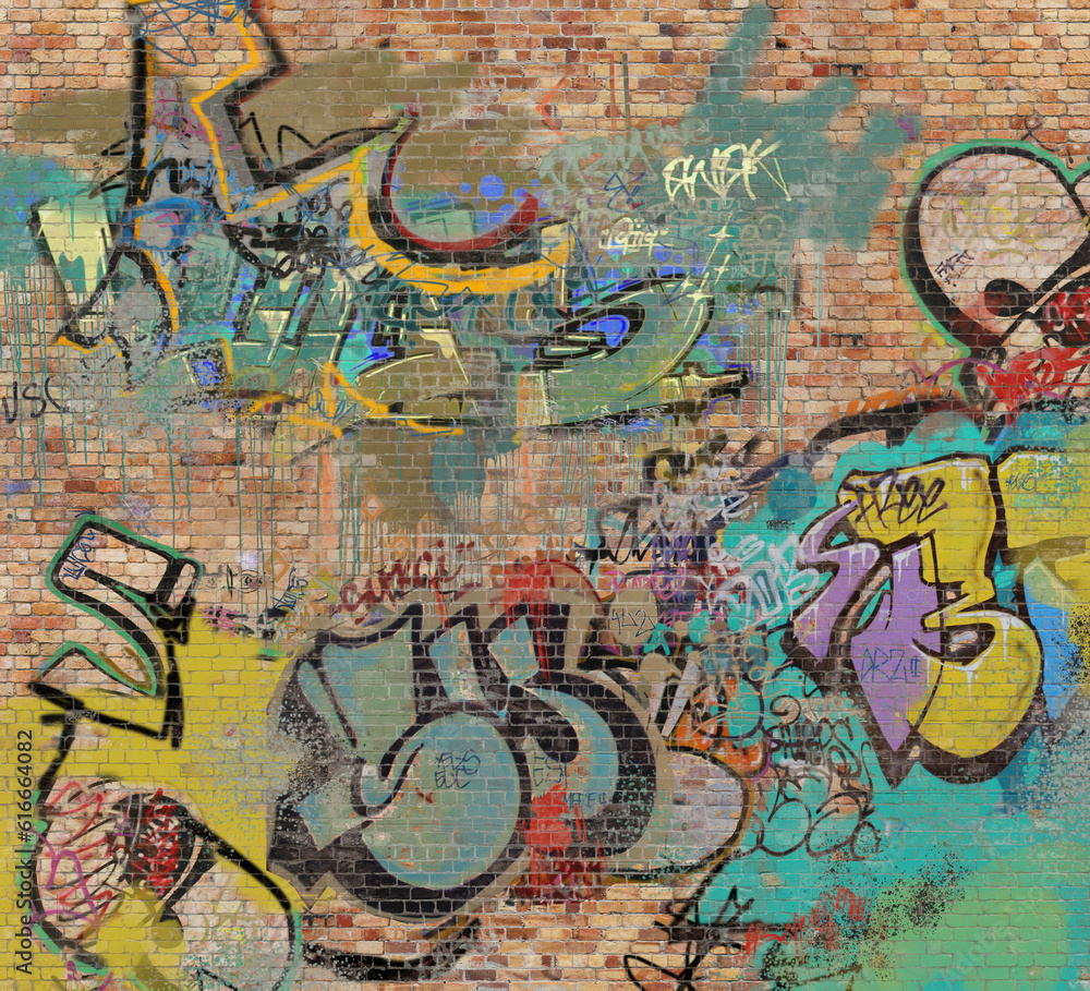 Fototapeta premium Graffiti on brick wall, composite of various images, layered and altered digitally.