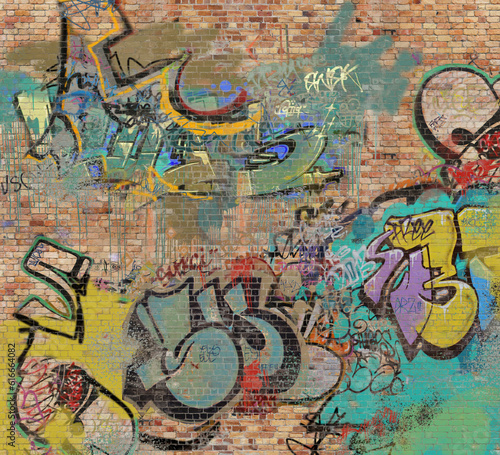 Graffiti on brick wall, composite of various images, layered and altered digitally.