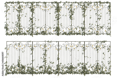 photorealistic 3D rendering of metal fences partially covered with climber plants  cutouts with transparent background