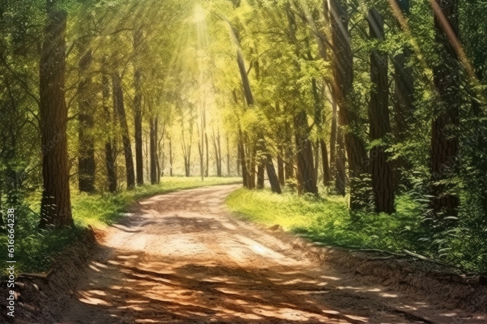 Obraz premium A sunny forest path with a dirt road and shining rays. (Illustration, Generative AI)