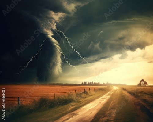 The dramatic sky landscape generated a tornado approach. (Illustration, Generative AI)
