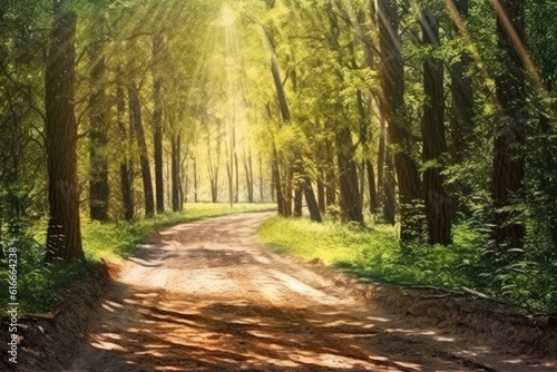 A sunny forest path with a dirt road and shining rays.  Illustration  Generative AI 