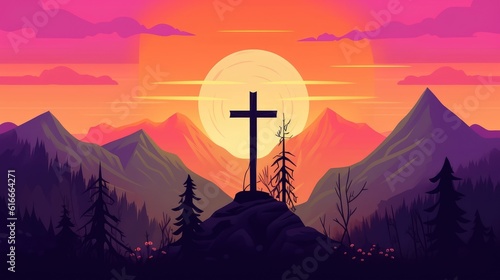 At sunset, cross in mountains during holy week. (Illustration, Generative AI)