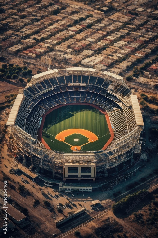 aerial view of empty baseball stadium, created with generative ai