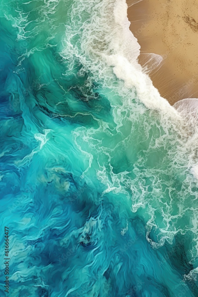 aerial view of a pristine, deserted beach with turquoise waves, created with generative ai