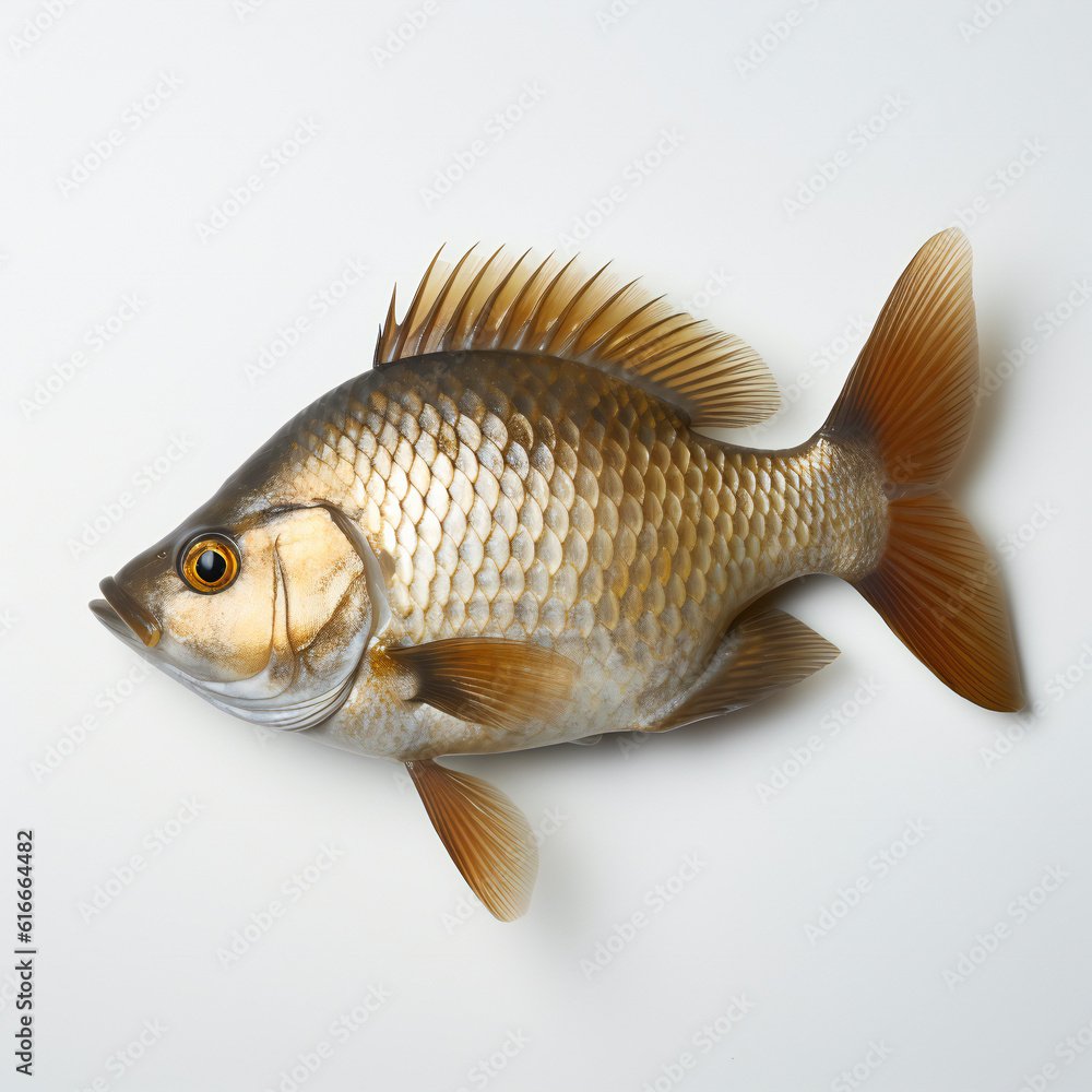 Fototapeta premium Crucian crap fish on white background. 3D illustration digital art design, generative AI