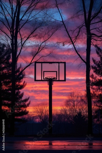 silhouette of basketball hoop and backboard at dusk, created with generative ai