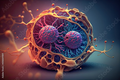 Cancer Abnormal Cells Nucleus Genetic Division. Infection with Microscope - Generative AI photo