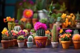 collection of small potted cacti with vibrant flowers, created with generative ai