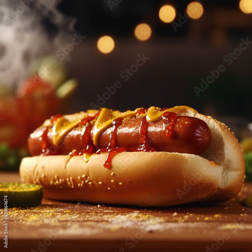 Fototapeta Classic hot dog with ketchup and mustard. 3D illustration digital art design, generative AI