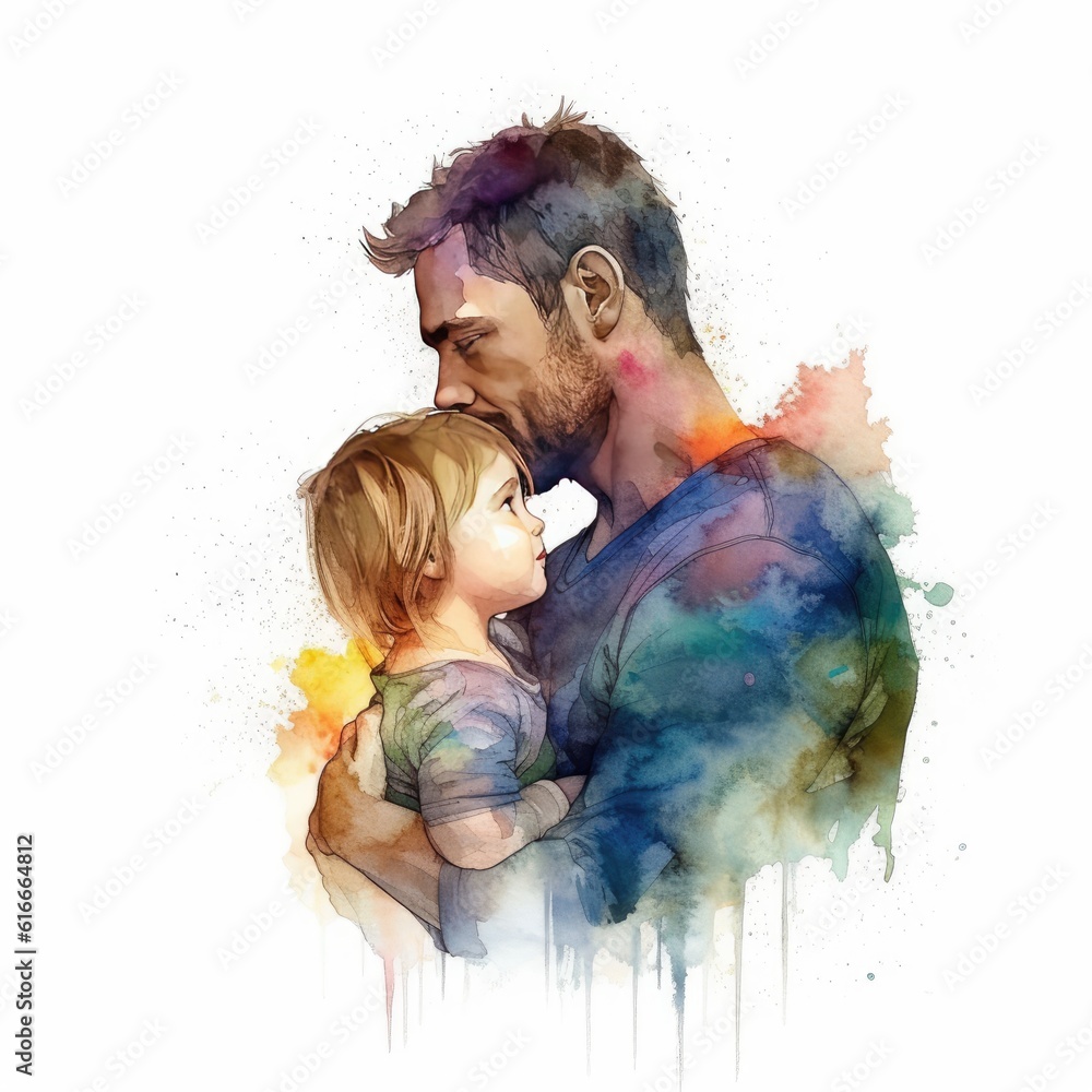 Illustration of a painting of a father and son using colorful watercolors with expressions