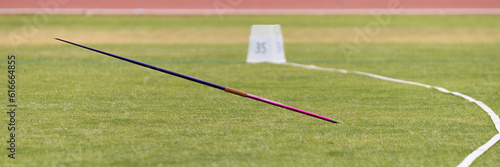 Javelin in field, stuck in the grass, javelin speared into the ground