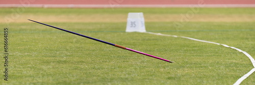 Javelin in field, stuck in the grass, javelin speared into the ground photo