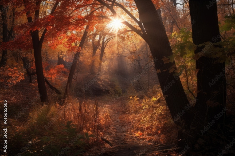 Obraz premium sunlight filtering through the trees, casting a warm glow on the leaves, created with generative ai