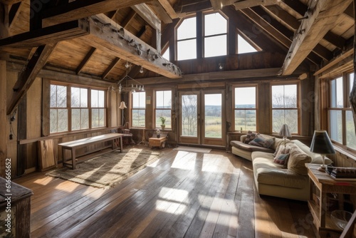 barn with towering windows  bringing in natural light and providing stunning views  created with generative ai