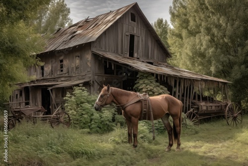 rustic barn with horses and wagon, ready for the ride of your life, created with generative ai