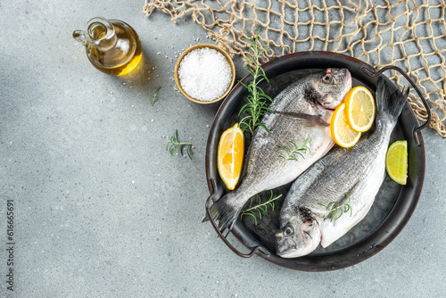 fresh fish with lemon and rosemary. Sea food dinner. place for text, top view