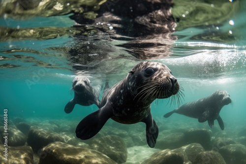 group of seal pups playing and swimming in crystal-clear waters, created with generative ai © Natalia