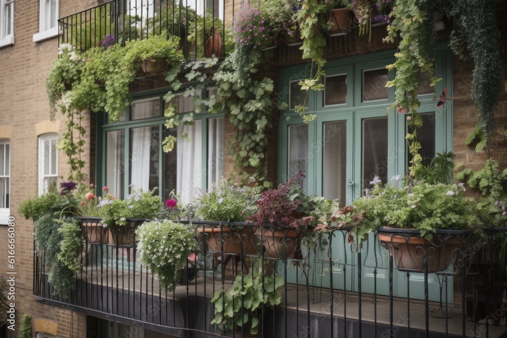 balcony with hanging baskets and pots of trailing greenery, created with generative ai