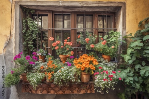 beautiful window garden surrounded by flowering plants and herbs, created with generative ai © Natalia