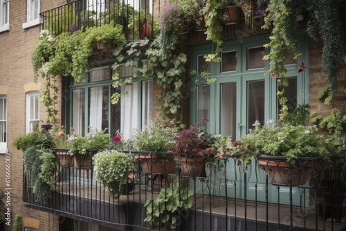 balcony with hanging baskets and pots of trailing greenery, created with generative ai