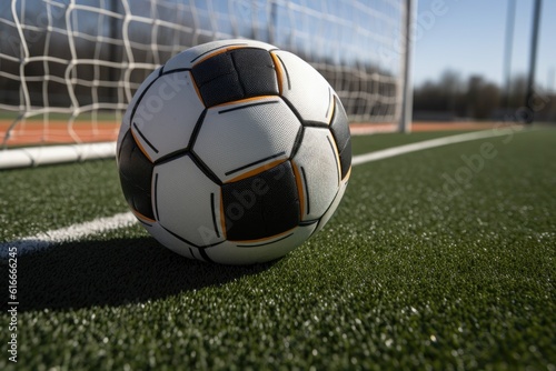 close-up of a soccer ball with the net in the background, ready for kick-off, created with generative ai