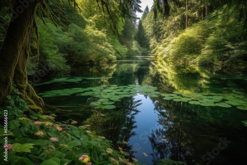 serene lake surrounded by lush greenery, with reflections of trees and flowers, created with generative ai