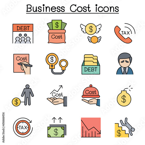 Business Cost , Debt, Tax, Crisis color line icon set