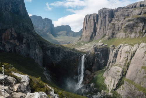 majestic cliff face with a waterfall cascading over the edge, surrounded by towering peaks, created with generative ai