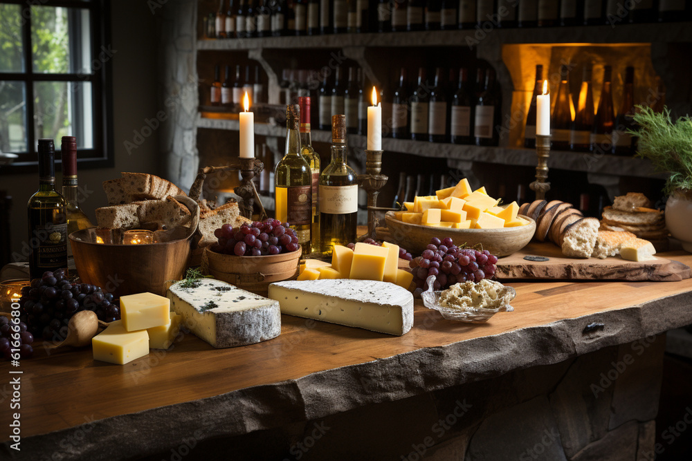 Rustic Wine and Cheese Tasting Counter Generative AI