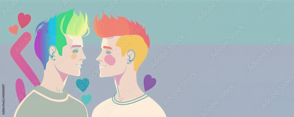 Boys face to face against rainbow flag, graphic illustration, concept of gay relationship, caucasian homosexual couple, banner with copy space Boys face to face against rainbow flag, graphic illustration, concept of gay relationship, caucasian homosexual couple, banner with copy space