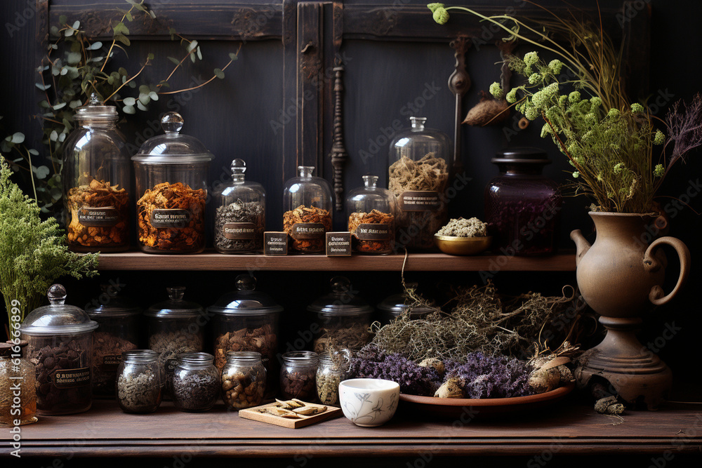 Serene Herbal Tea and Apothecary Stand Generative AI Serene Herbal Tea and Apothecary Stand Generative AI