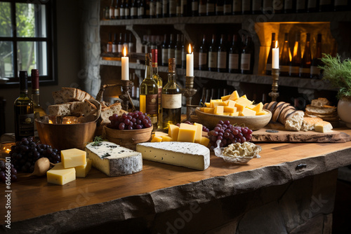 Rustic Wine and Cheese Tasting Counter Generative AI
