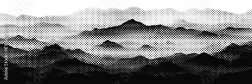 Vector halftone dots background, fading dot effect. Imitation of a mountain landscape, banner, shades of gray. © Valerii
