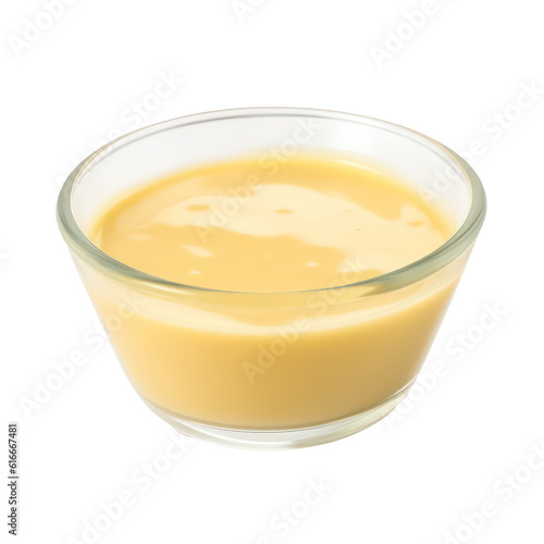 Cheese sauce in the glass bowl isolated on transparent background. Generative AI.