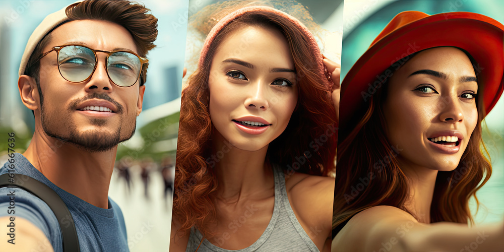 Three tourists smiling and exploring the city - Generative AI Three tourists smiling and exploring the city - Generative AI