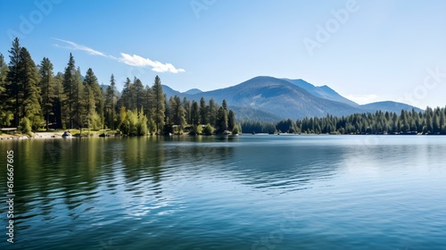 Panoramic View of a Lake with Mountains in the Distance
