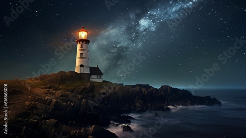 A lighthouse under night sky Generative AI
