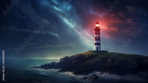 A lighthouse under night sky Generative AI