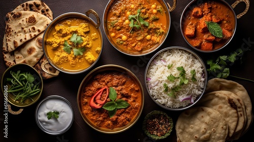 assorted indian curry and rice dishes shot from overhead composition Generative AI