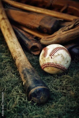 close-up of baseball, glove, and bat on field, created with generative ai