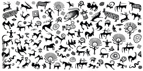 A large set of stylized petroglyphs,  rock paintings of Central Asia, isolated on white background, vector design