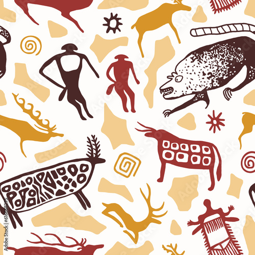 A series of petroglyphs, cave drawings, vector design, seamless pattern