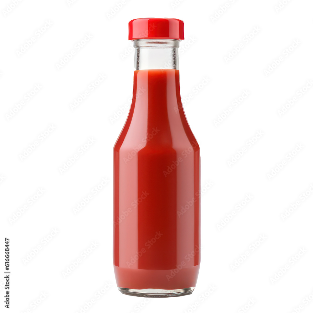 Ketchup in glass bottle isolated on transparent background. Generative