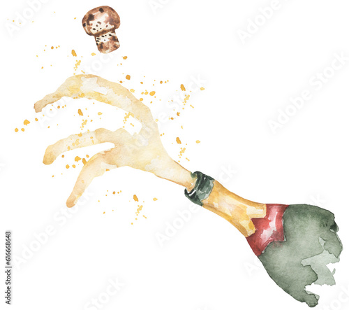 Watercolor open bottle with champagne and splashes clipart. Watercolor food illustration, beverages clip art