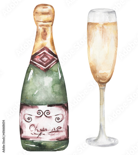 Wallpaper Mural Watercolor glass and bottle of champagne clipart. Watercolor food illustration, beverages clip art Torontodigital.ca