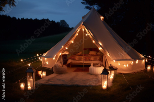 vacation glamping travel nature canvas light camping forest tent luxury. Generative AI.