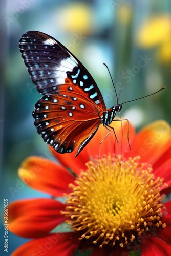 close-up of a butterfly on a vibrant flower, created with generative ai